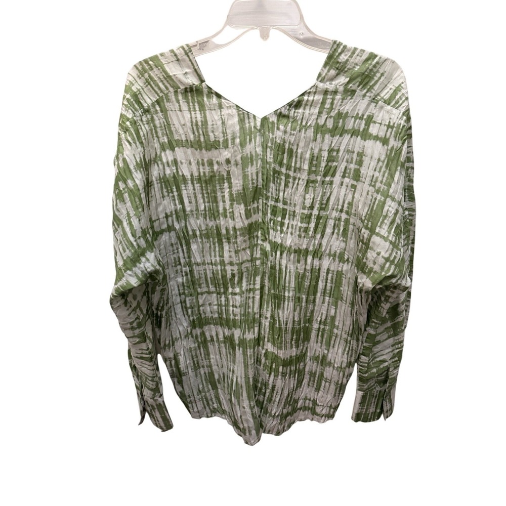 Vince 100% Silk Crinkle V-Neck Blouse Green White Tie Dye Long Sleeve Top XS - Picture 4 of 4